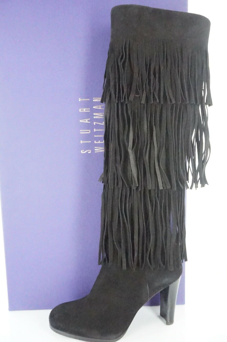 Stuart Weitzman Black Suede Fringie Sexy Tall Boots size 6 NIB $855 Trim